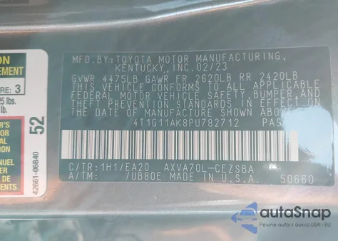 2023 Toyota Camry Se from USA, damaged, VIN 4T1G11AK8PU782712